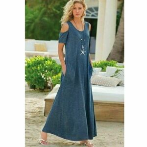 NWT Soft Surroundings Maxi Dress Plus 1X Electra Jersey Knit Heather Blue Pocket